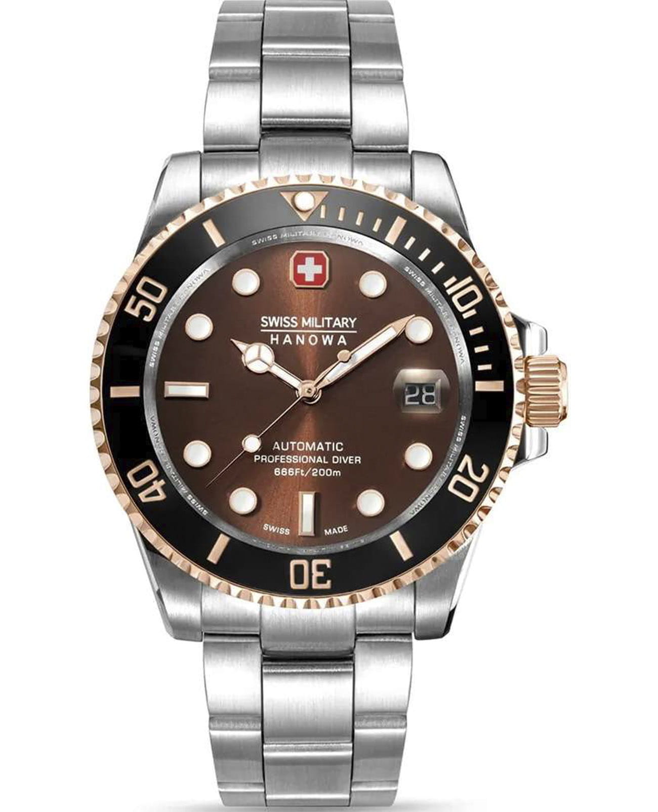 Swiss Military Hanowa Swiss Military Hanowa Sealord SMWGL0006360  SMWGL0006360 механические мужские часы коричневый циферблат, браслет нержавеющая сталь — вид спереди